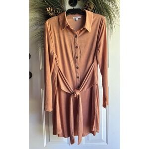 And Now This Salmon colored belted front tie button down shift shirt lined dress